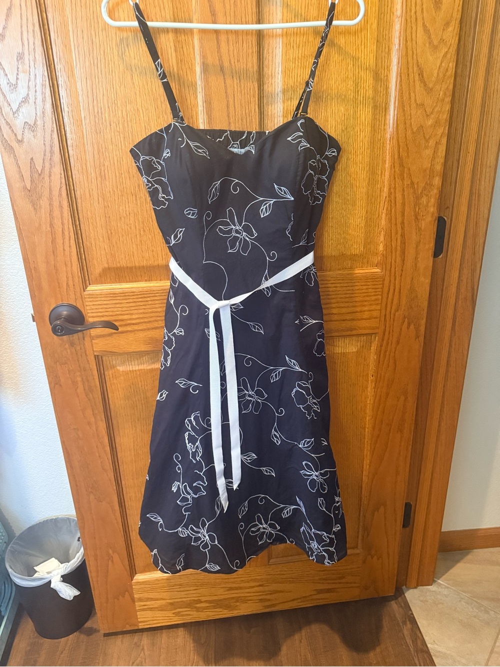 White House Black Market Black Floral Midi Dress with White belt